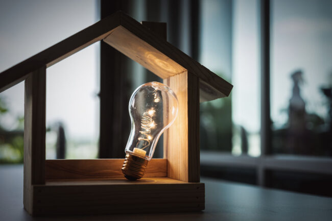 light bulb in small wooden house for commercial insurance