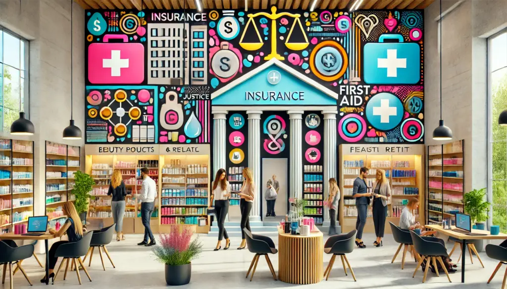 A modern retail shop and salon with a unique, colorful design. The shop is bustling with customers interacting with staff and browsing a wide range of beauty products and retail items. Insurance symbols, such as a building, scales of justice, a first aid kit, and a cash register, are creatively incorporated into the shop's decor.