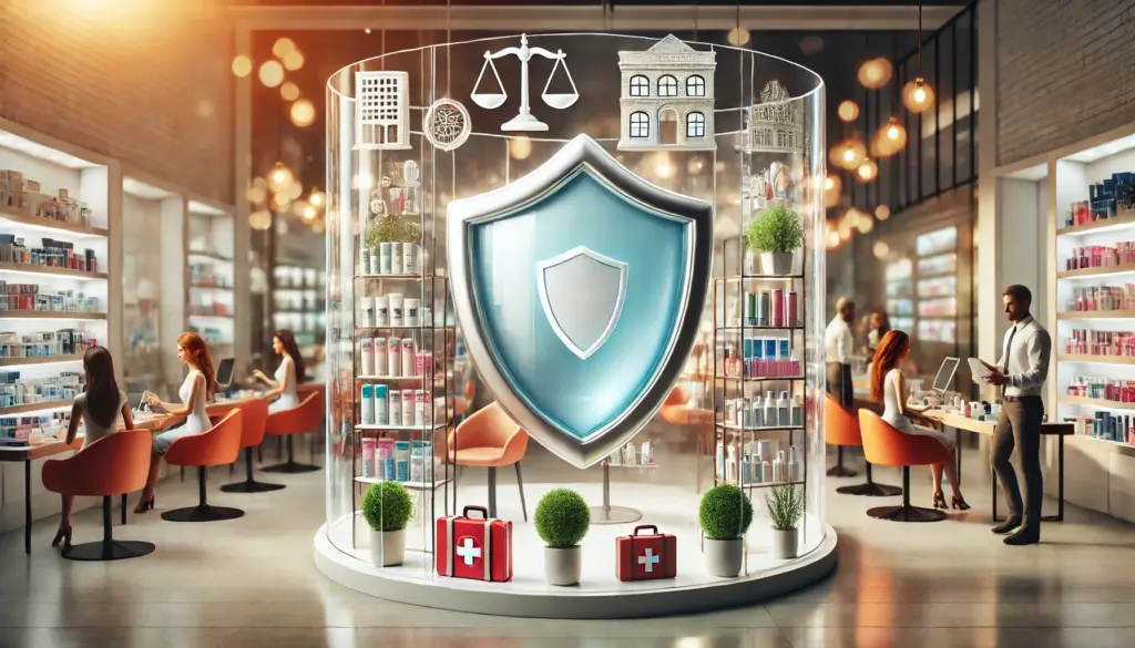 A vibrant retail shop and salon bustling with customers, showcasing beauty products and retail items. A large, shiny, semi-transparent shield envelops the entire scene, symbolizing protection. Various insurance icons, such as a building, scales of justice, and a first aid kit, are subtly incorporated into the design. 